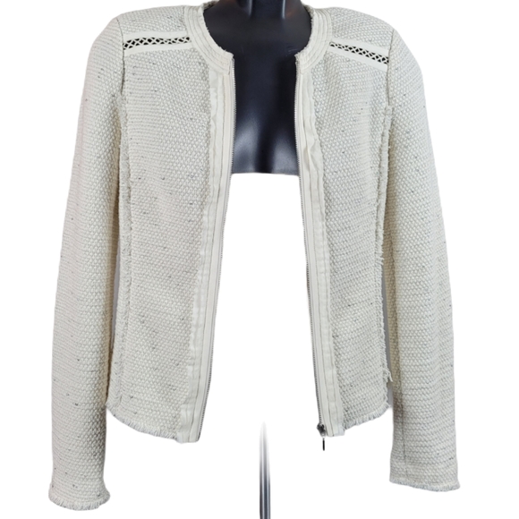 REBECCA TAYLOR Ivory Zip Up Fringe Blazer Jacket Size 2 - Picture 2 of 12